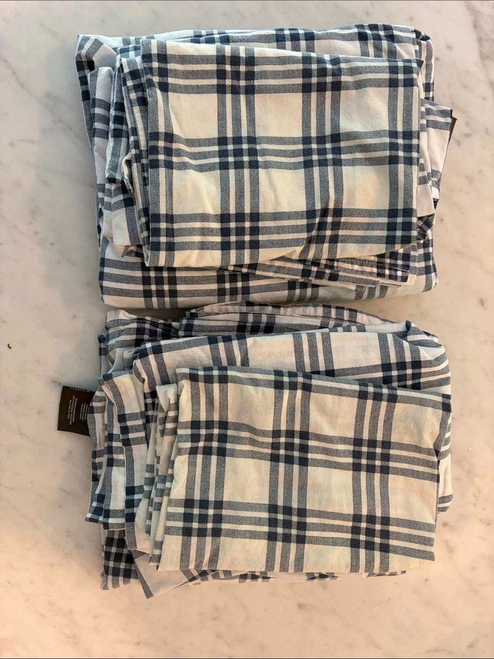 Twin XL Dorm ready. Two sets. Eddie Bauer Navy and White Plaid Cotton Sheet